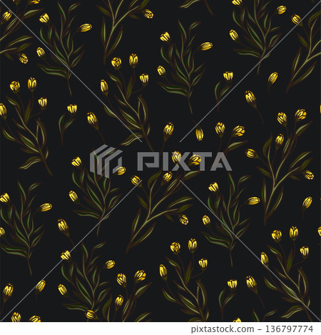 Tropical yellow flower seamless pattern on a black background. 136797774