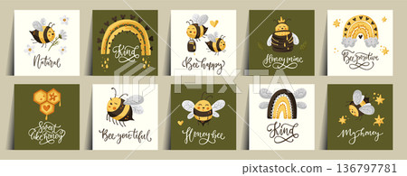 Cute honey bee funny illustration set. Cute honey bee funny illustration set. 136797781