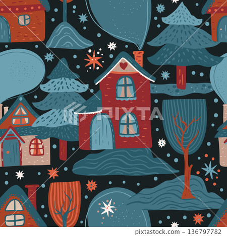 Nordic forest house seamless vector pattern.  136797782