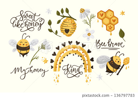 Cute honey bee funny illustration set. Cute honey bee funny illustration set. 136797783