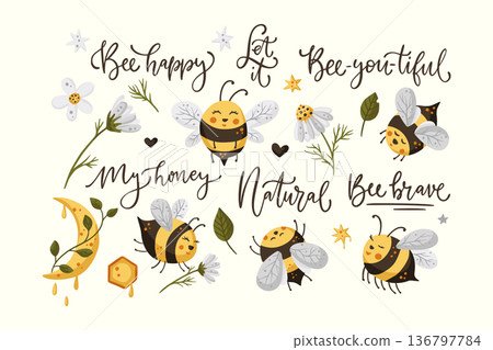 Cute honey bee funny illustration set. 136797784
