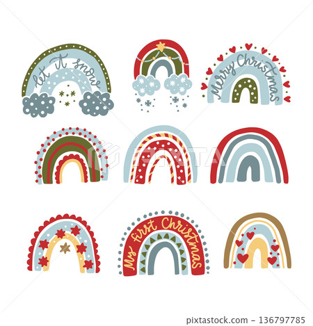 Christmas rainbow vector festive nursery trendy cartoon illustration set 136797785