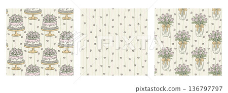 Birthday Cake Tulip Flowers Coquette Seamless Pattern Set Pastel Bow Striped Background Cottagecore Girly Party Collection 136797797