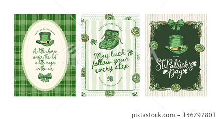 St Patrick Poster Card Set Vector Collection Vintage Handdrawn Plaid Background St Patrick Poster Card Set Vector Collection Vintage Handdrawn Plaid Background 136797801