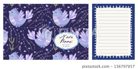 Diary Notebook Journal Cover Vector Set With Lavender Flowers Bird Girly Elegant Empty Page Border 136797857