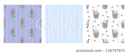 Coquette Coffee Bow High Heels Shoes Seamless Pattern Vector Set Blue Striped Background Cottagecore Feminine Aesthetic Collection 136797875