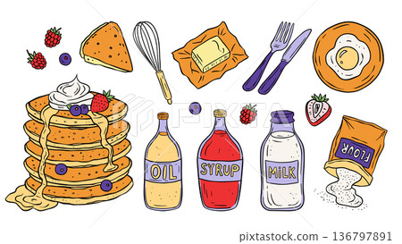 Pancake Breakfast Cooking Ingredients In Sketch Retro Doodle Style Cartoon Set 136797891