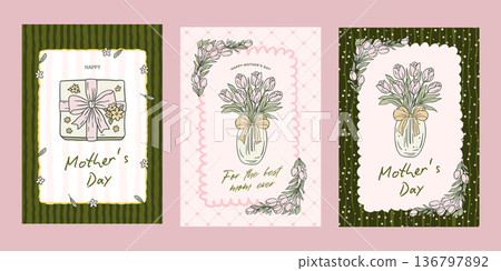 Handdrawn Coquette Mothers Day Vector Poster Set With Tulip Flower Bouquet Vase Gift, Hat and high Heels Shoes Greeting Message For Mother Handdrawn Coquette Mothers Day Vector Poster Set With Tulip Flower Bouquet Vase Gift, Hat and high Heels Shoes Greeting Message For Mother 136797892