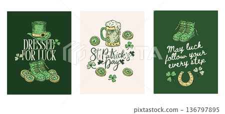 Patrick Poster Card TShirt Print Apparel Costume Vector Collection Vintage Handdrawn Hat Boots Coins 136797895