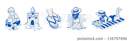 Summer Sea Vacation Beach Set - Child Sandcastle, Flip Flops, Women Relaxing, Sea Beach Doodle Sketch Vector Collection 136797896