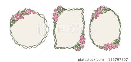 Spring Coquette Floral Tulip Frame Vector Set - Handdrawn Whimsical Girly Design for Card, Invitation, Label, Tag, Poster 136797897
