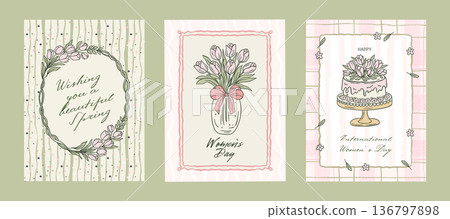Handdrawn Coquette Womens Day 8th March Vector Poster Set With Tulip Flower Bouquet Vase Cake Greeting Message Card For Woman Mother Handdrawn Coquette Womens Day 8th March Vector Poster Set With Tulip Flower Bouquet Vase Cake Greeting Message Card For Woman Mother 136797898