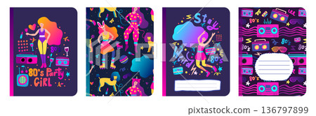 Retro Music Party Notebook Copybook Party Girl Cover Background Set Diary Vector 136797899
