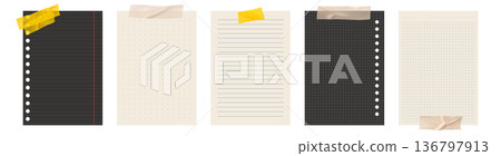 Copybook Notebook Notepad Paper with Washi Tape Strip Grid Lined Squared Plan Page Paper Vector Note Set 136797913