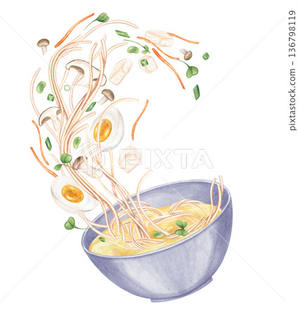 Flying ramen ingredients in bowl watercolor illustration on isolated background. Boiled noodles, halved eggs, mushrooms, tofu slices, chopped vegetable in golden broth. Healthy vegan Asian food. 136798119