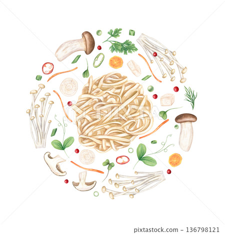 Asian cuisine ingredients in circle watercolor illustration on isolated background. Boiled oodles, mushrooms, tofu, mushrooms, carrot and radish slices, herbs clip art for menu design. 136798121