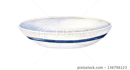Watercolor white plate with blue rim for food illustration on isolated background. Empty porcelain or ceramic bowl sketch. Round tableware for menu design, kitchen decor, oriental cuisine. 136798123