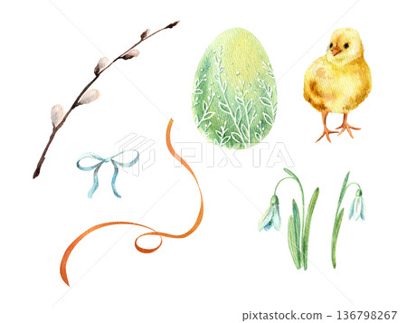 A set of hand-drawn watercolor illustrations in pastel colors on an Easter theme, isolated on a white background, for textiles, souvenirs, and postcard design. 136798267