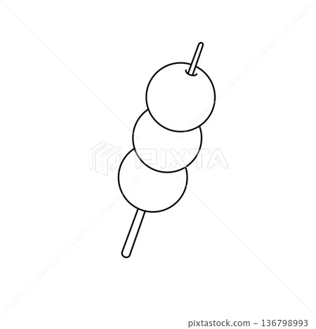 A skewer of three small round objects is shown in a black and white drawing A skewer of three small round objects is shown in a black and white drawing 136798993