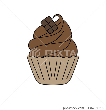 A chocolate cupcake with chocolate chips on top 136799146