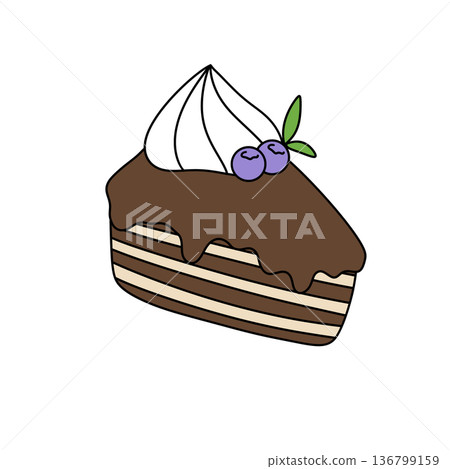 A slice of cake with whipped cream and blueberries on top 136799159