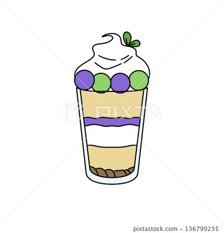 A cartoon drawing of a glass of dessert with a green leaf on top 136799235