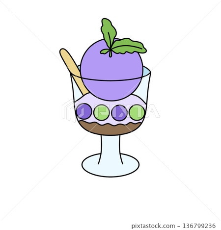 A cartoon drawing of a glass of purple ice cream with a green leaf on top 136799236