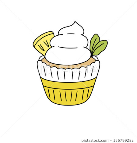 A yellow cupcake with a white frosting and a lemon slice on top A yellow cupcake with a white frosting and a lemon slice on top 136799282