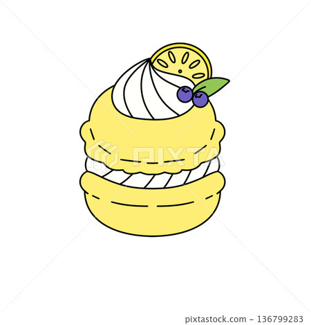A yellow pastry with a lemon and blueberry on top A yellow pastry with a lemon and blueberry on top 136799283