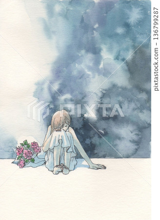 水彩背景,畫中蹲著一位女子和一束玫瑰花 水彩背景,畫中蹲著一位女子和一束玫瑰花 136799287