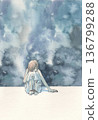 Watercolor background with crouching woman 136799288