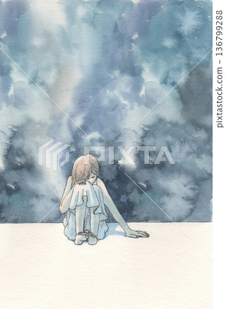 水彩背景，蹲著的女人 136799288