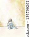 Crouching woman and warm watercolor background 136799291