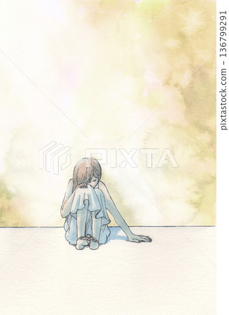 蹲著的女人和溫暖的水彩背景 136799291