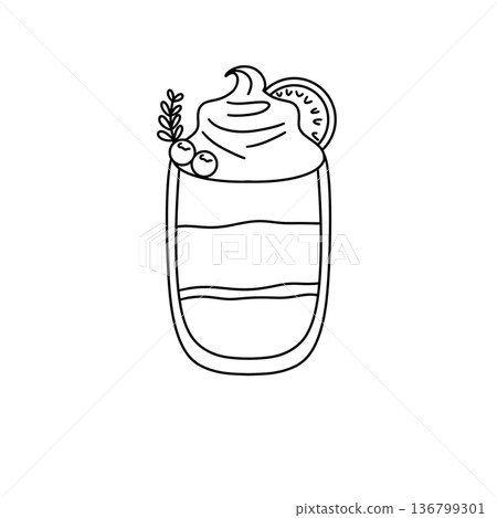 A cartoon drawing of a drink with whipped cream and a cherry on top 136799301