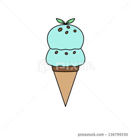 A cartoon ice cream cone with a green leaf on top 136799330