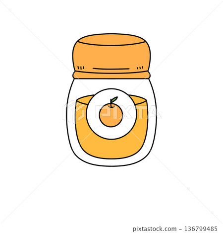 A jar of orange juice with a cartoon orange in the center 136799485