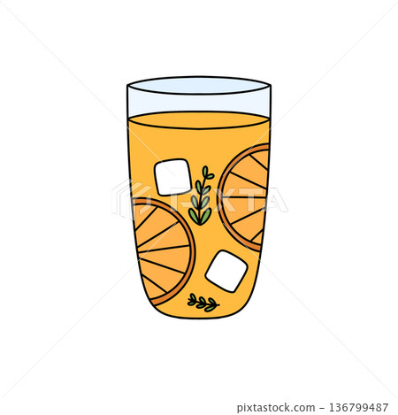 A cartoon drawing of a glass of orange juice with ice cubes and a slice of lemon A cartoon drawing of a glass of orange juice with ice cubes and a slice of lemon 136799487