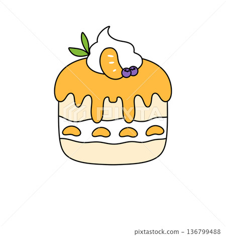 A cartoon drawing of a cake with a white frosting and orange slices on top 136799488