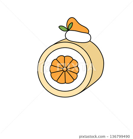 A cartoon drawing of a cake with a slice of orange on top 136799490