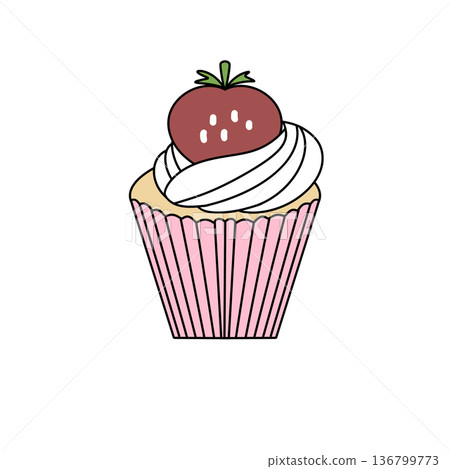 A strawberry frosted cupcake with a white frosting and a strawberry on top A strawberry frosted cupcake with a white frosting and a strawberry on top 136799773
