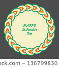 Irish holiday symbol, ornamental circle shape frame. Doodle flat style design, Irish tricolour Celtic decor, Patricks Day festive decorative border for web card project, green orange colours. vector 136799830