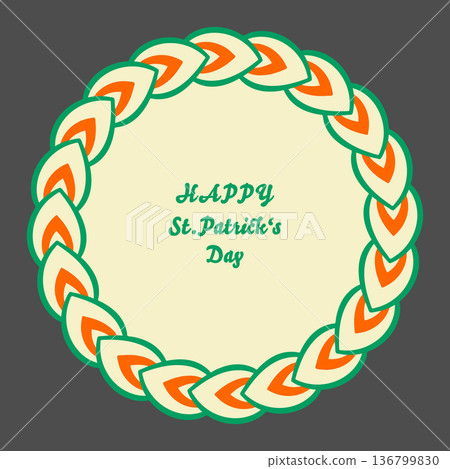 Irish holiday symbol, ornamental circle shape frame. Doodle flat style design, Irish tricolour Celtic decor, Patricks Day festive decorative border for web card project, green orange colours. vector Irish holiday symbol, ornamental circle shape frame. Doodle flat style design, Irish tricolour Celtic decor, Patricks Day festive decorative border for web card project, green orange colours. vector 136799830