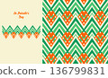 Irish heart symbol, chevron ornament seamless pattern and pattern brush straight line border Set. Traditional tricolour concept colour. St. Patrick's Day Celtic culture celebration. geometrical vector 136799831
