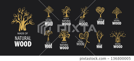 A set of unusual hand-drawn vector logos for the production of wood products A set of unusual hand-drawn vector logos for the production of wood products 136800005