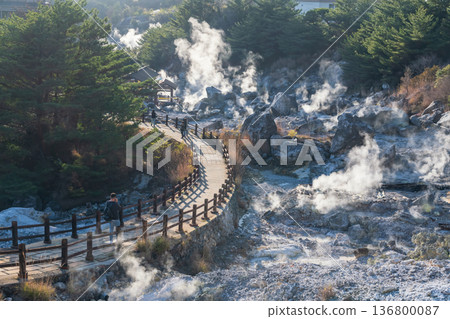 Tourist people walk along Hell valley Jigoku in Mount Unzen, Nagasaki 136800087