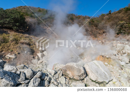 Hell valley Jigoku with heavy smoke of  mt. Unzen, Nagasaki 136800088