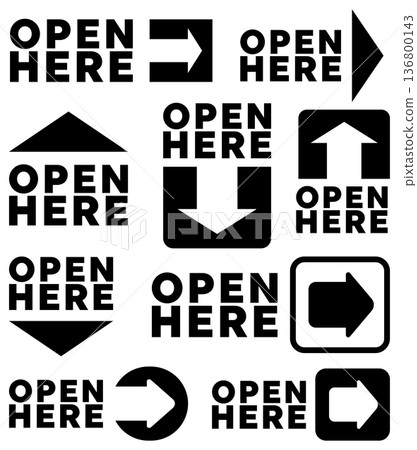 Different open here signs with black arrow icons in various shapes and orientations 136800143