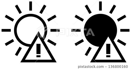 Warning signs with sun icons showing caution for heat or sunlight exposure during the day Warning signs with sun icons showing caution for heat or sunlight exposure during the day 136800160