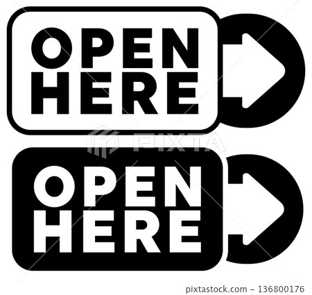 Rectangular labels with instructions and arrows for opening packages or containers Rectangular labels with instructions and arrows for opening packages or containers 136800176